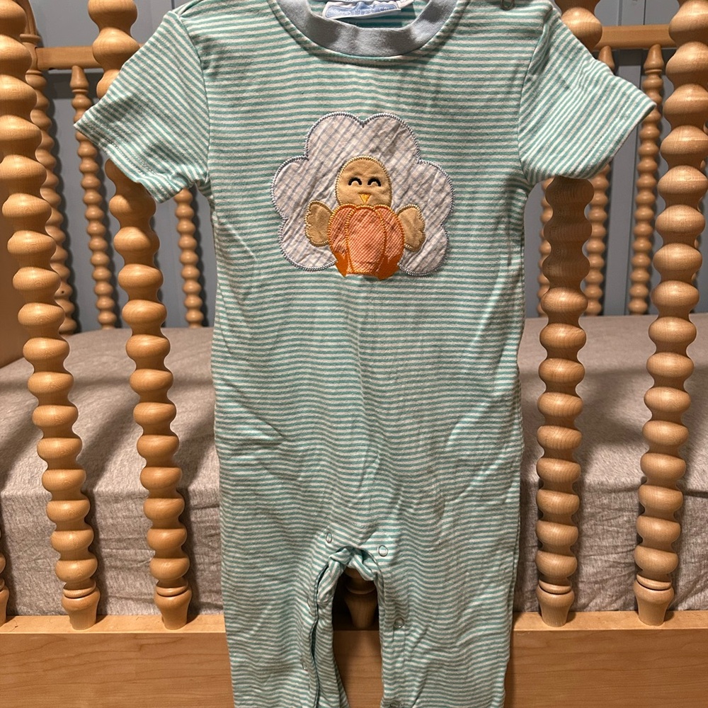 Adorable Green Striped Kids Footie with Cloud Design